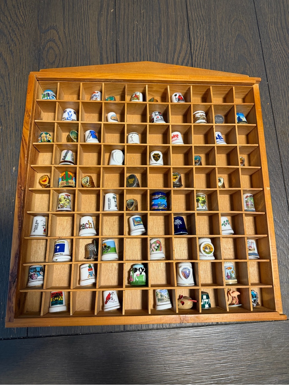 Vintage Wooden 100 space Thimble Display Case w/56 assorted thimbles. Beautiful!